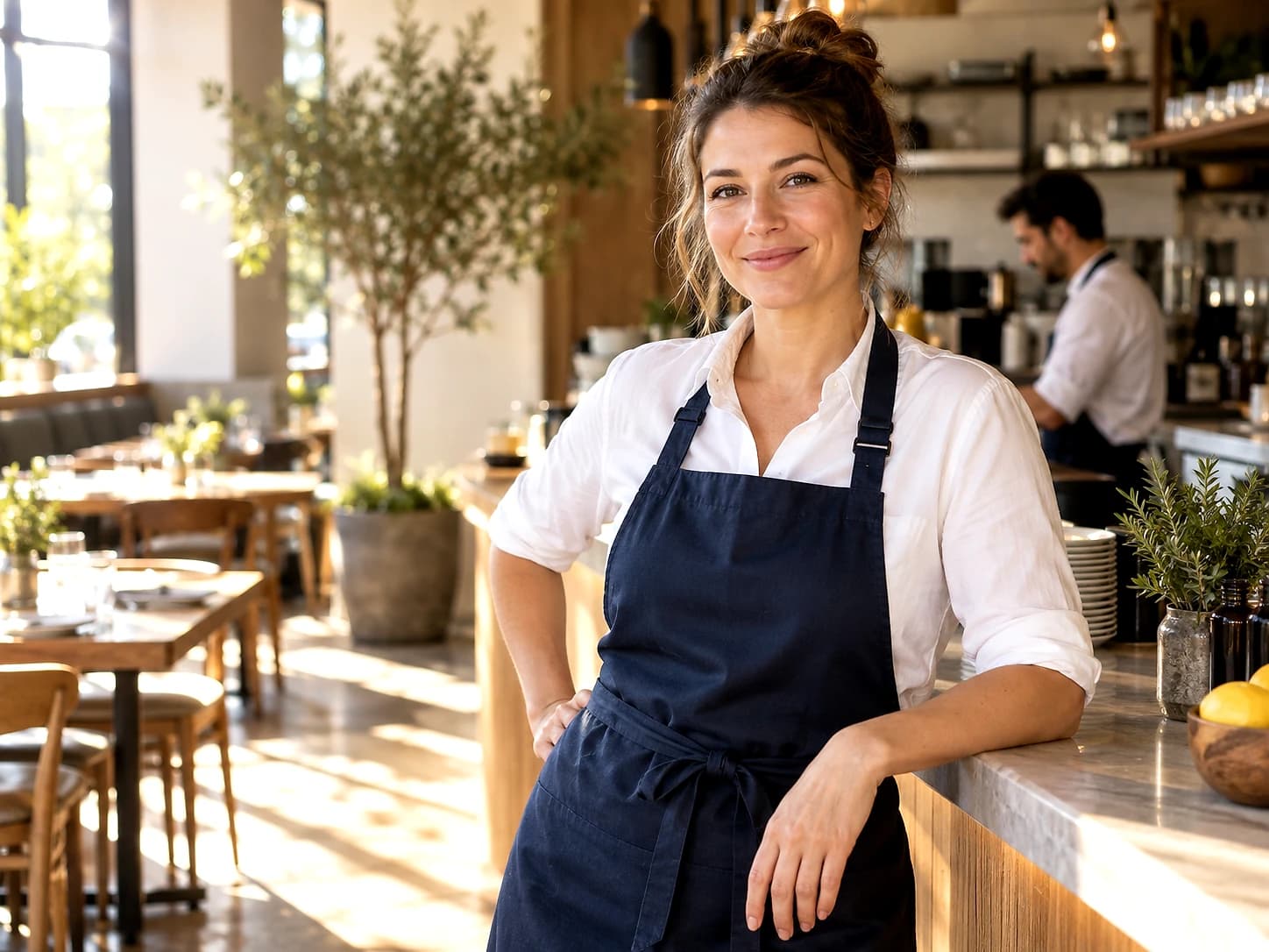 Restaurant manager in a navy apron welcoming guests at the counter