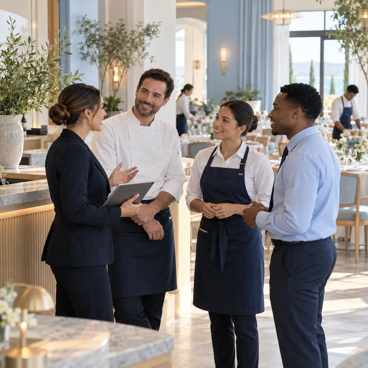 Restaurant manager with a tablet talking with a chef, a server and a host in a bright dining room