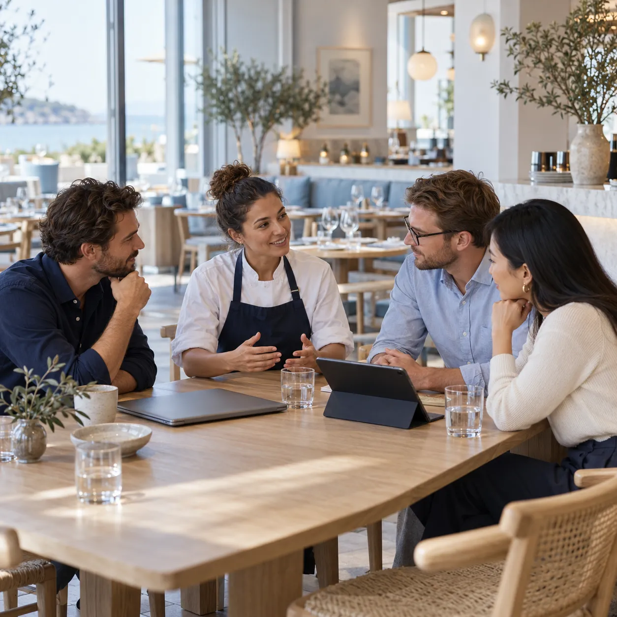 Restaurant team talking around a table with a laptop and a tablet